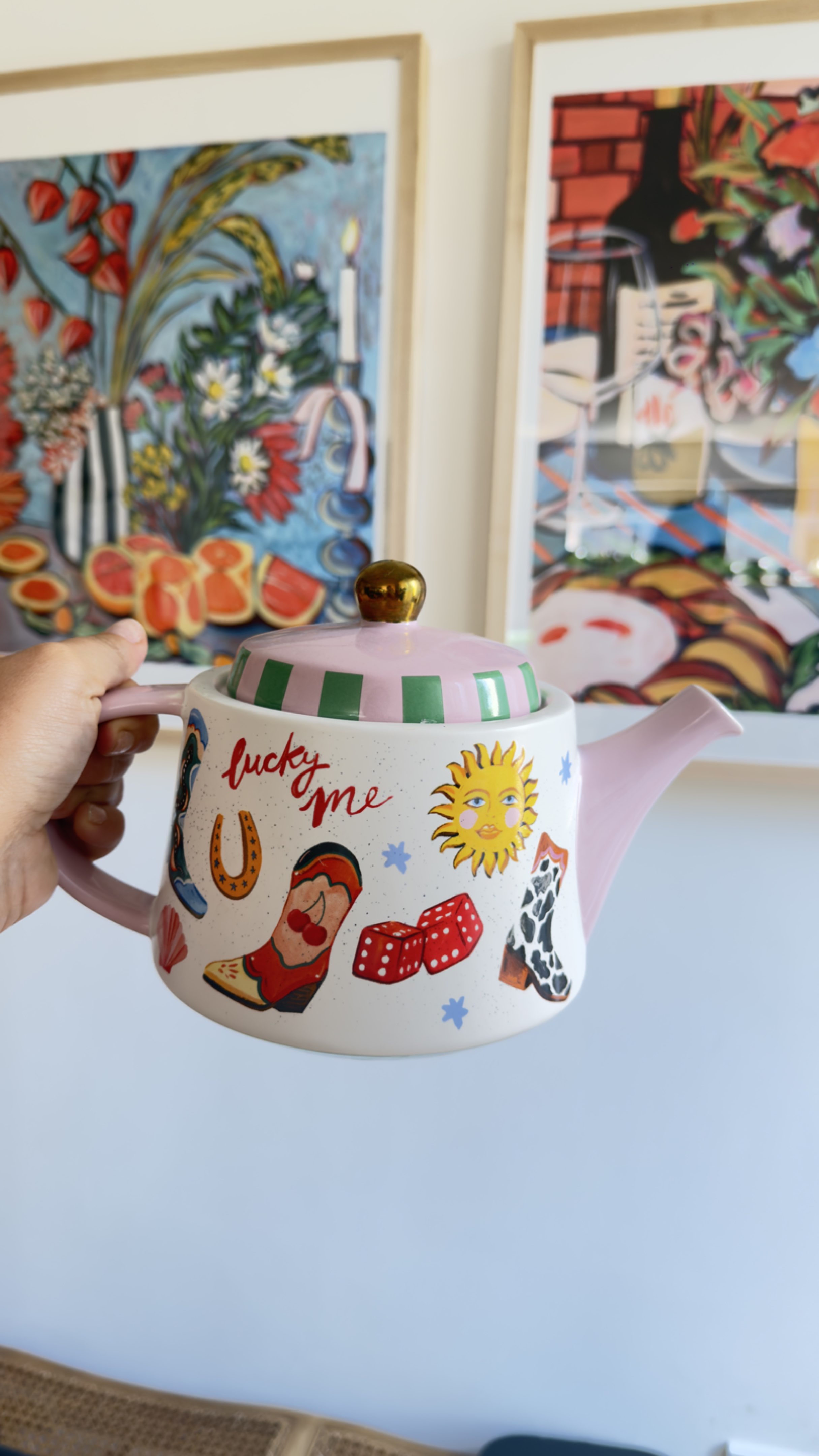 Novelty 'Lucky Me' Ceramic Teapot with Pink Lid