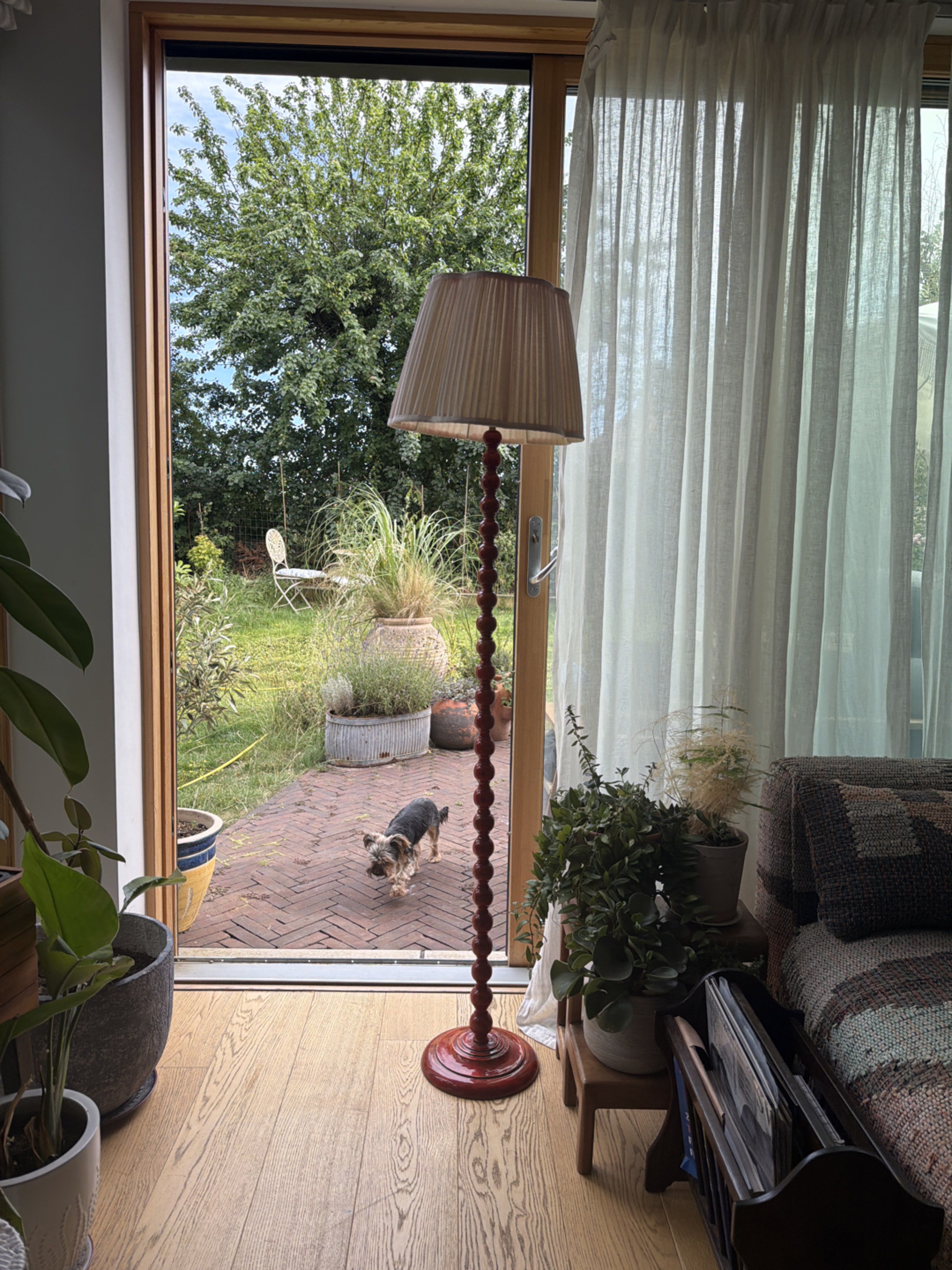 Wooden Bobbin Floor Lamp with Pleated Shade