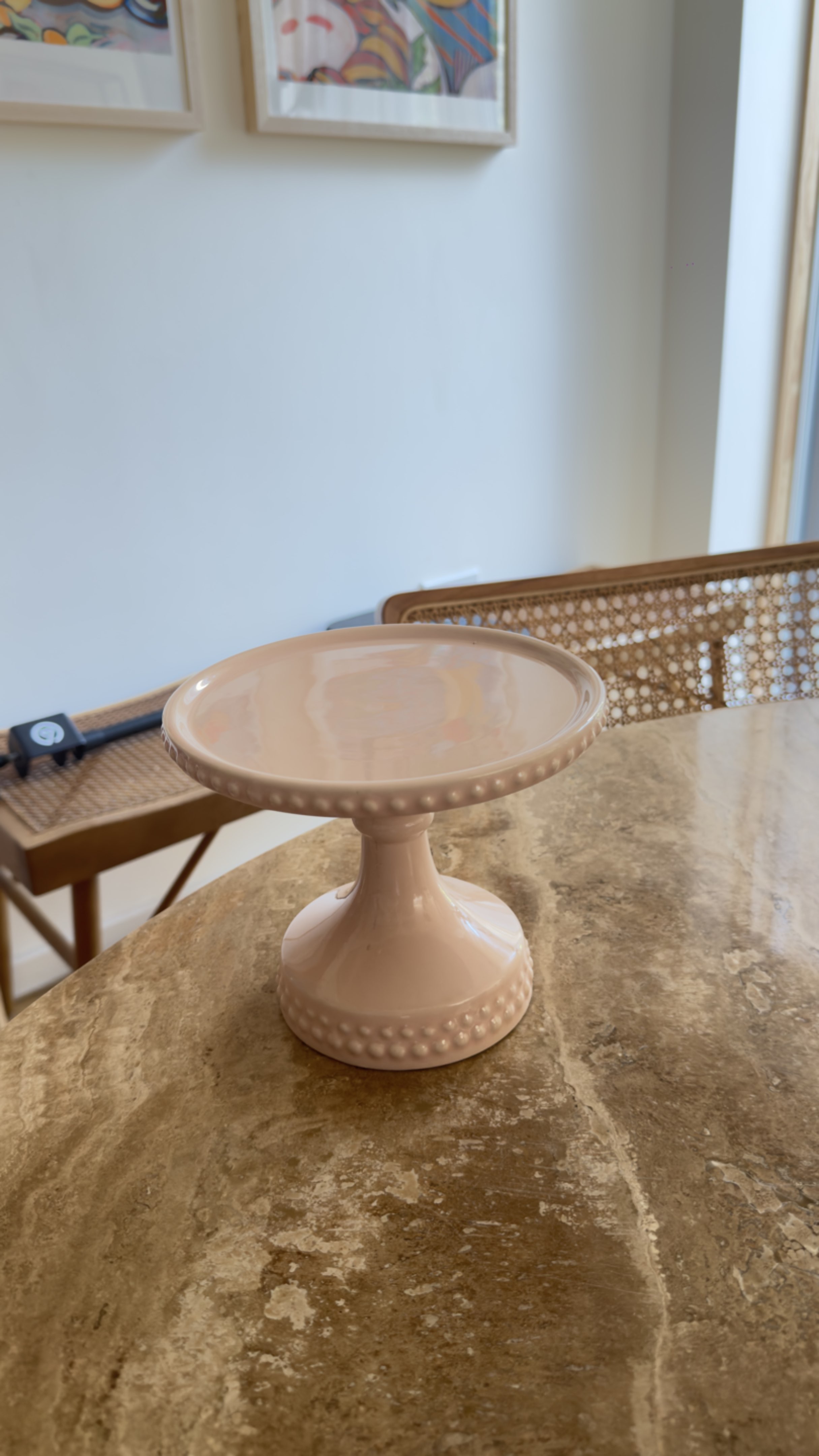 Pink Pedestal Cake Stand with Beaded Edge