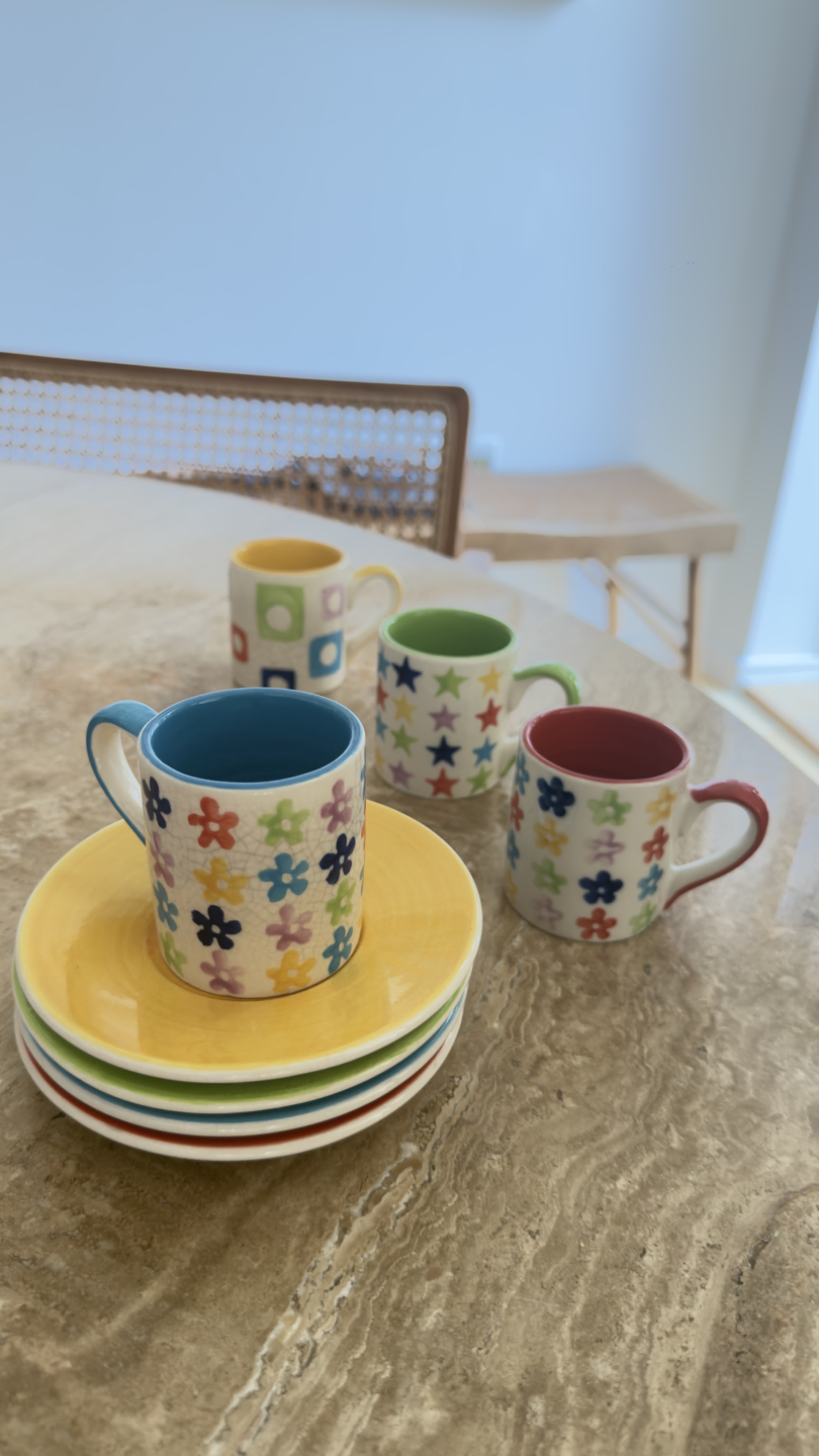 Colourful Ceramic Mug and Saucer Set - Floral, Star, Square Patterns