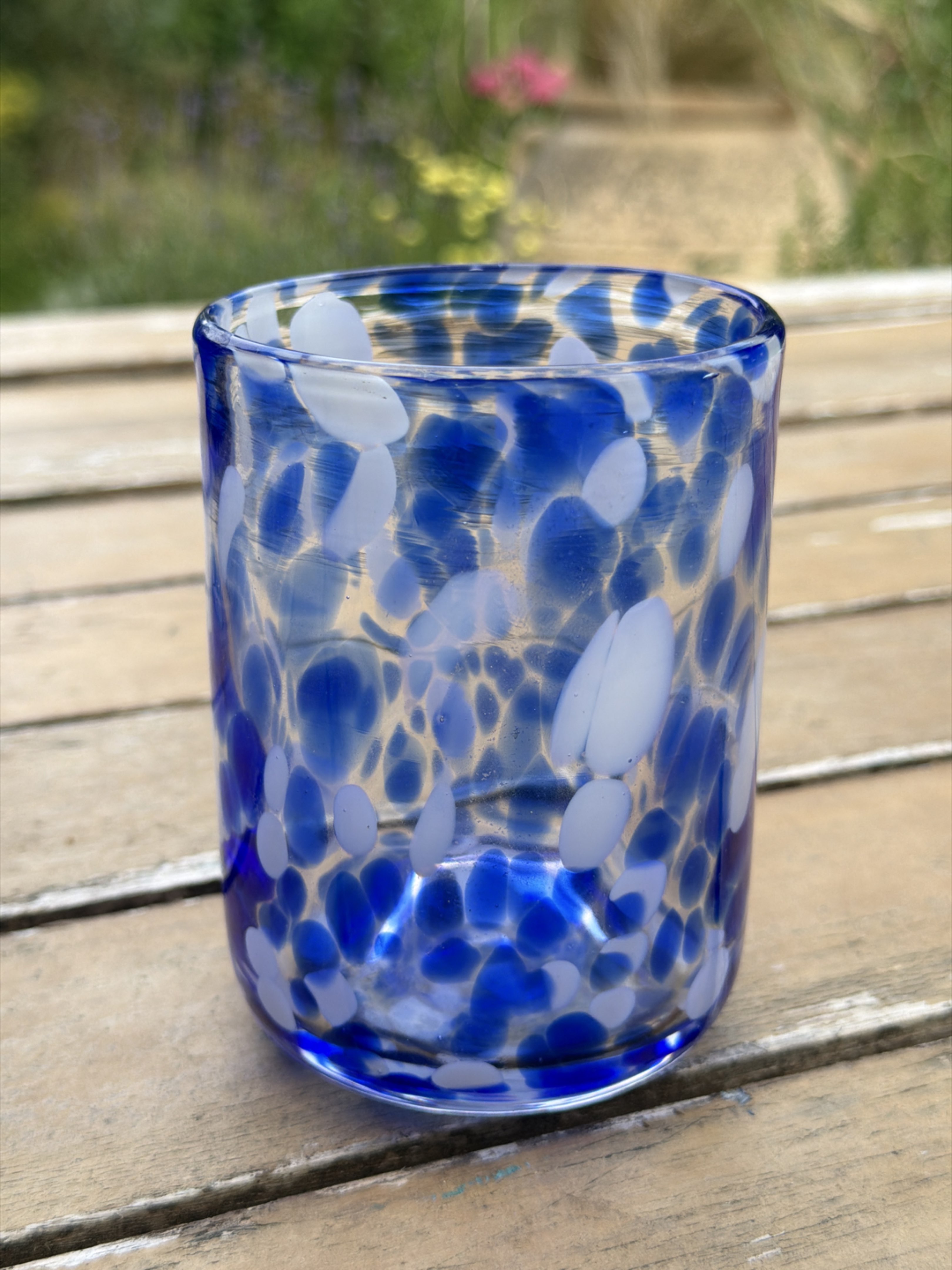 Hand-blown Blue and White Speckled Glass Tumbler