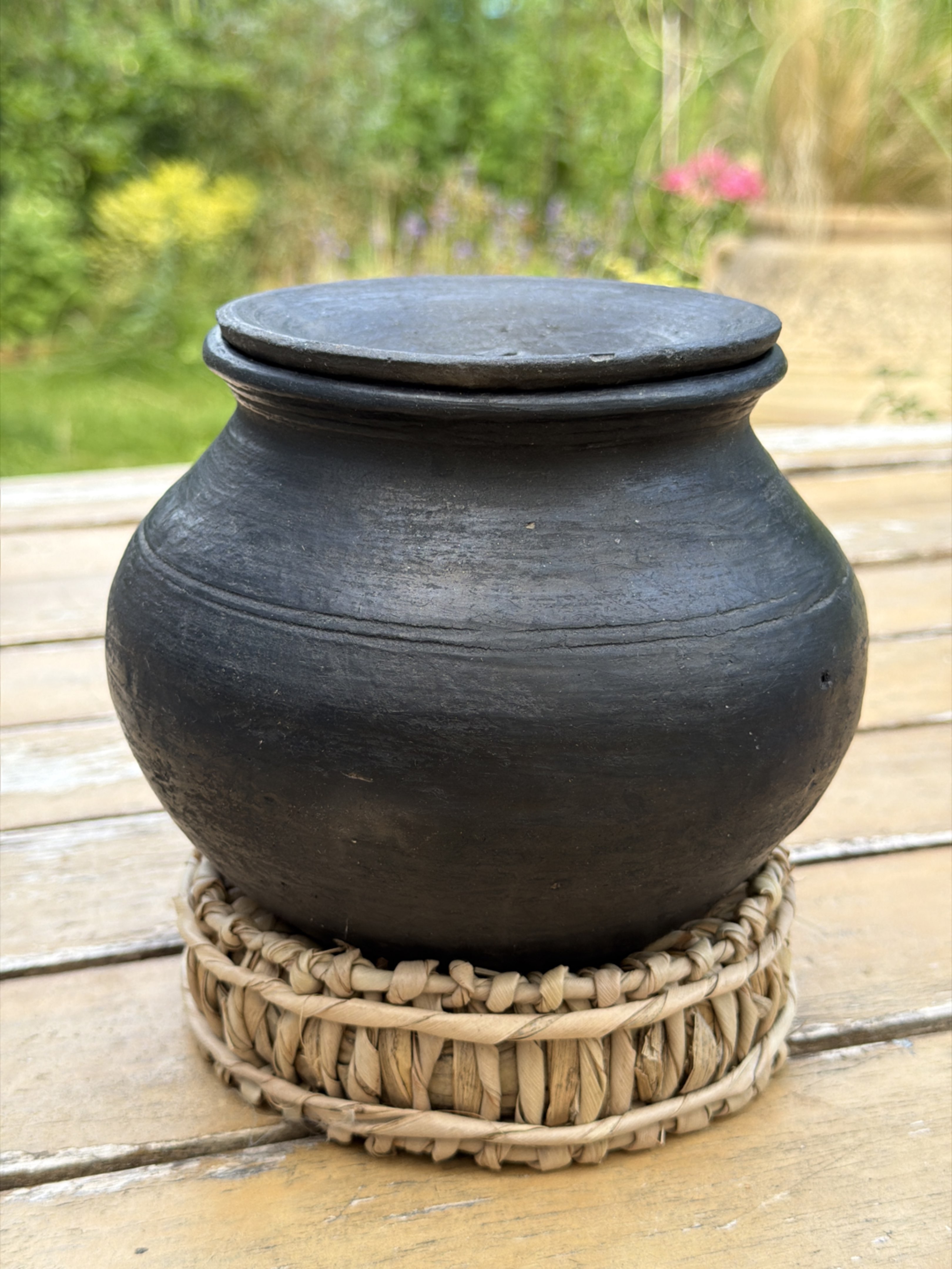Black Terracotta Lidded Pot with Woven Base