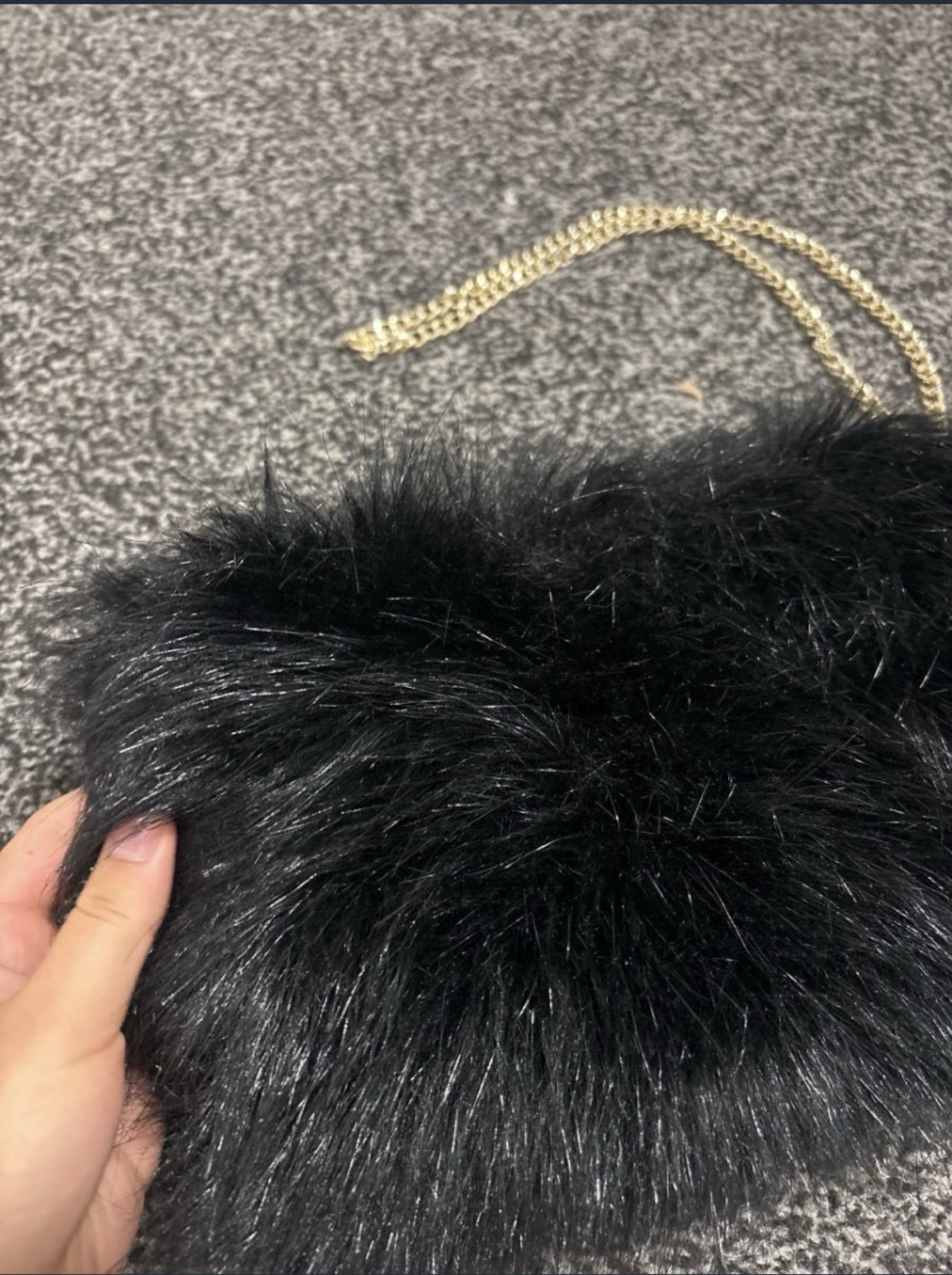 Black Faux Fur Bag with Gold Chain Strap